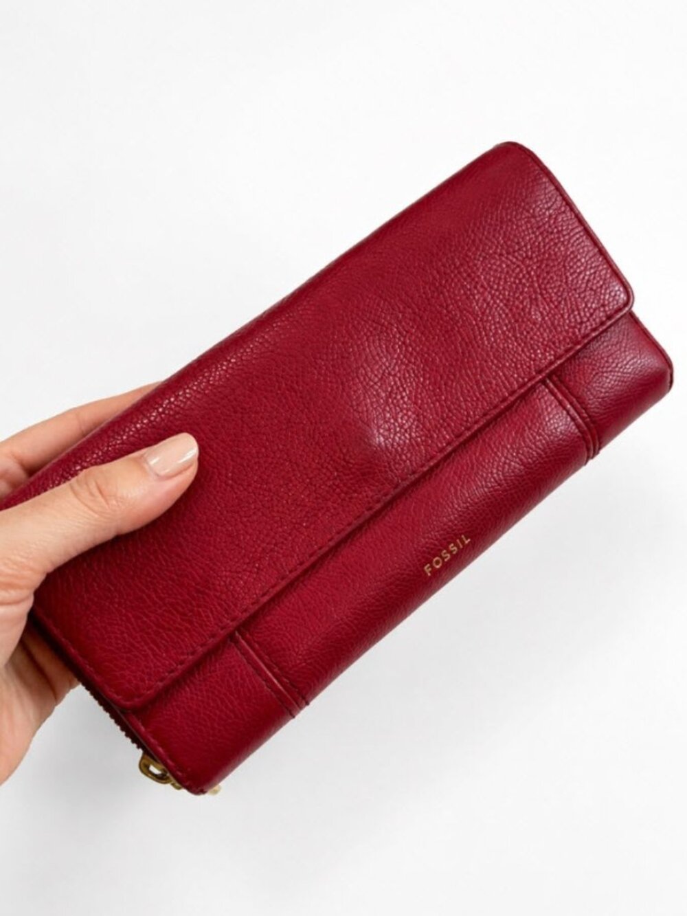 Fossil Burgundy Pebbled Leather Fold-Around Zip Wallet Gold Hardware